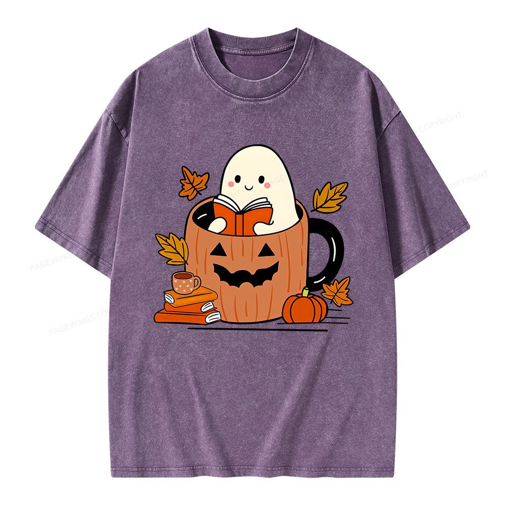 Pagewings Ghost Reading Books Unisex Washed T-shirt