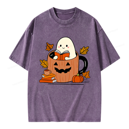 Pagewings Ghost Reading Books Unisex Washed T-shirt