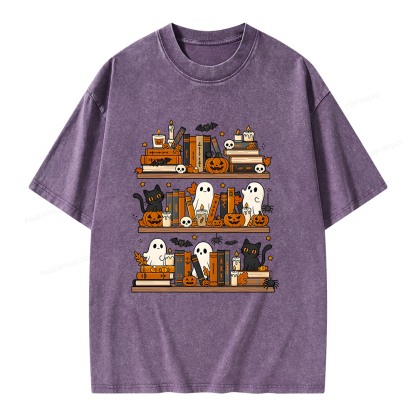 Pagewings Spooky Bookshelf Unisex Washed T-shirt