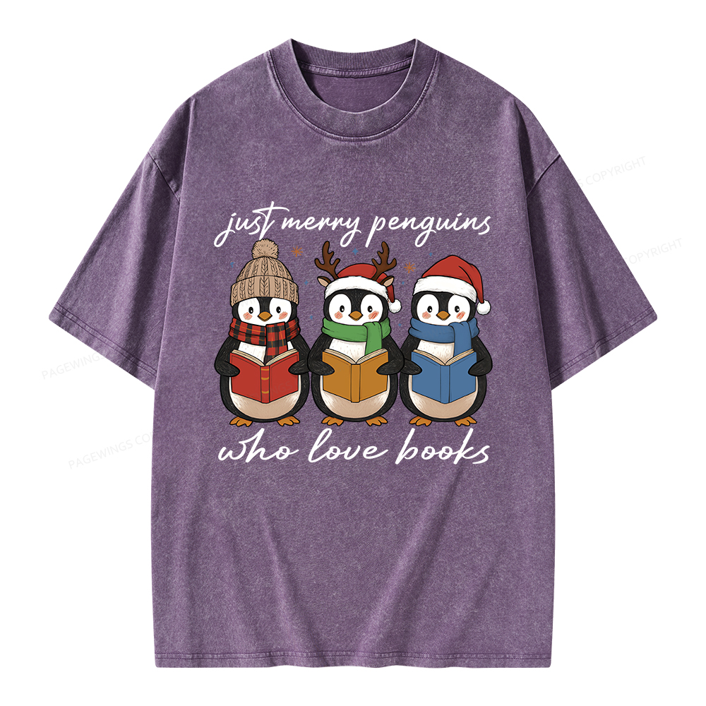 Pagewings Just Merry Penguins Who Love Books Unisex Washed T-shirt