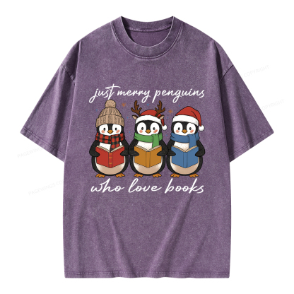 Pagewings Just Merry Penguins Who Love Books Unisex Washed T-shirt
