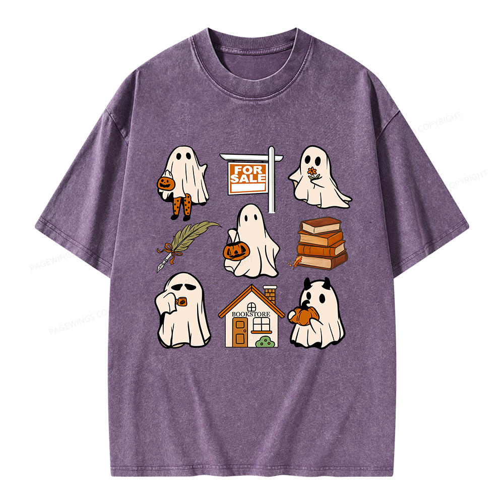 Pagewings Halloween Ghosts Going To Buy Books Unisex Washed T-shirt