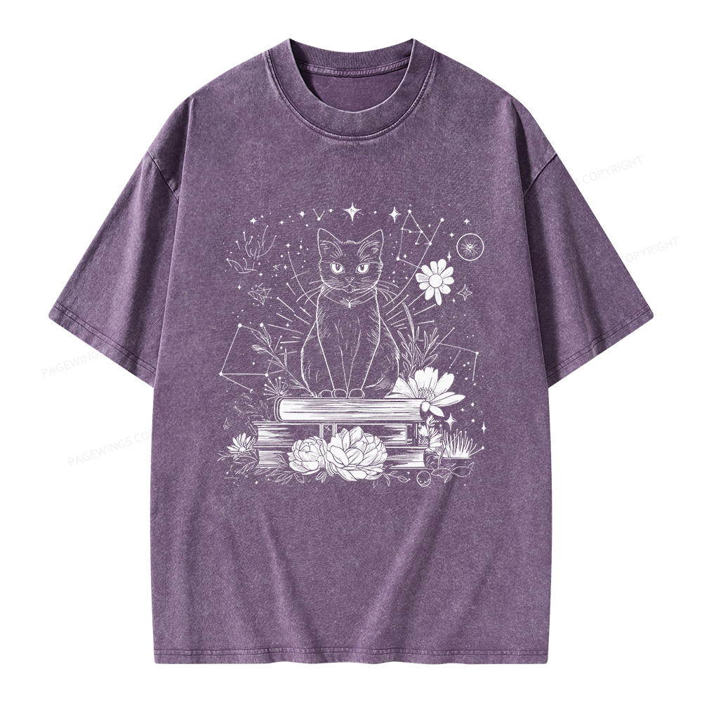 Pagewings Black Cat Book Lover Unisex Washed T-shirt