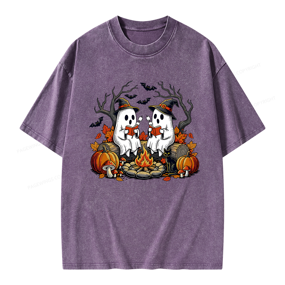 Pagewings Bookish Ghost Halloween Fall Camping  Unisex Washed T-shirt