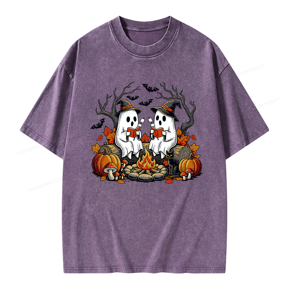 Pagewings Bookish Ghost Halloween Fall Camping  Unisex Washed T-shirt