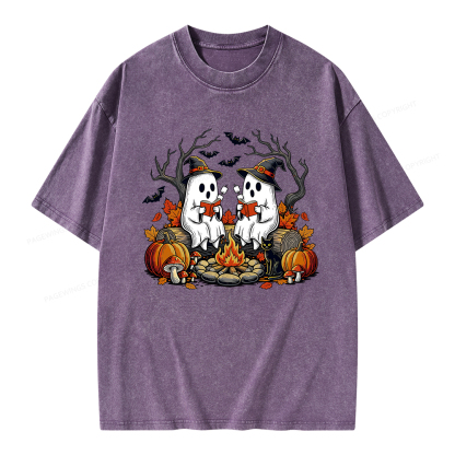 Pagewings Bookish Ghost Halloween Fall Camping  Unisex Washed T-shirt