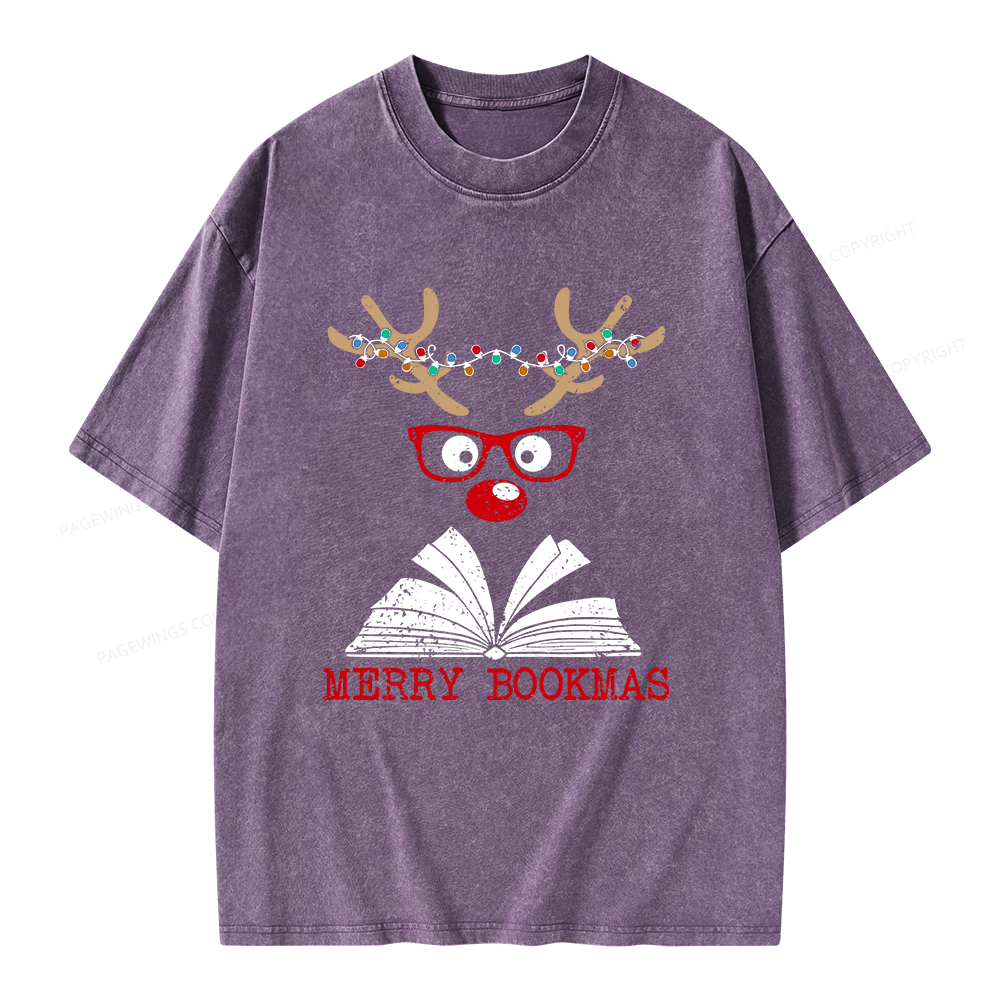 Pagewings Christmas Reindeer Reading Unisex Washed T-shirt