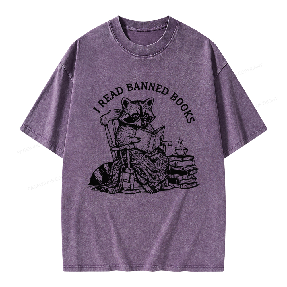 Pagewings I Read Banned Books Raccoon Reading Unisex Washed T-shirt