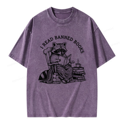 Pagewings I Read Banned Books Raccoon Reading Unisex Washed T-shirt