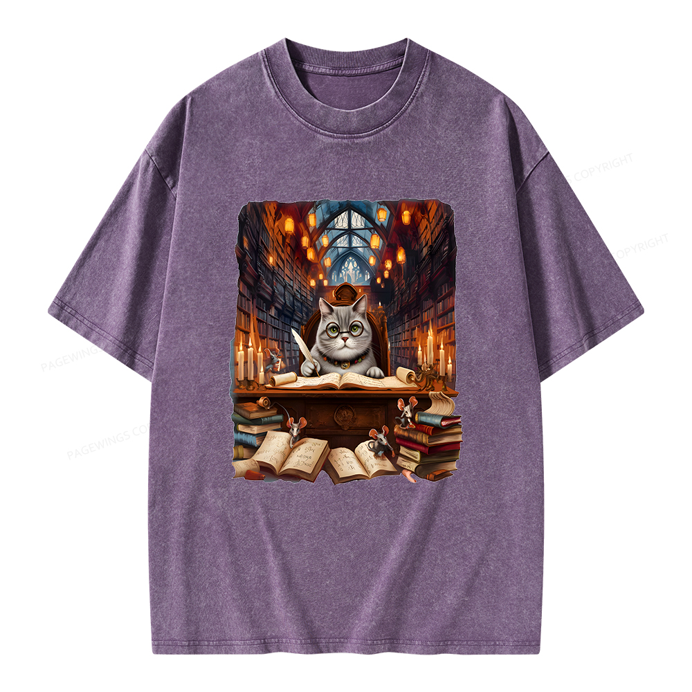 Pagewings Cat Books Unisex Washed T-shirt