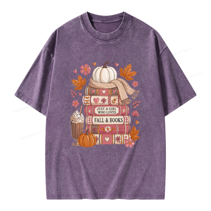 Pagewings Just A Girl Who Loves Fall&Books Unisex Washed T-shirt