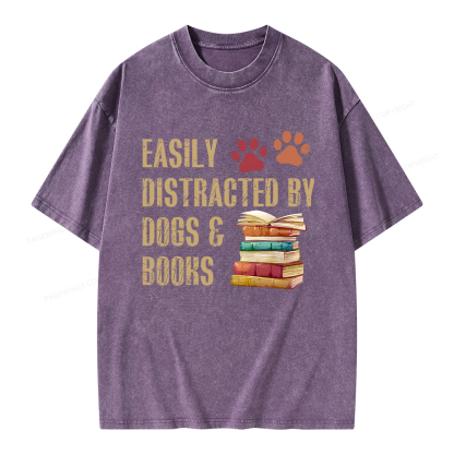 Pagewing Easily Distracted By Dogs And Books Unisex Washed T-shirt