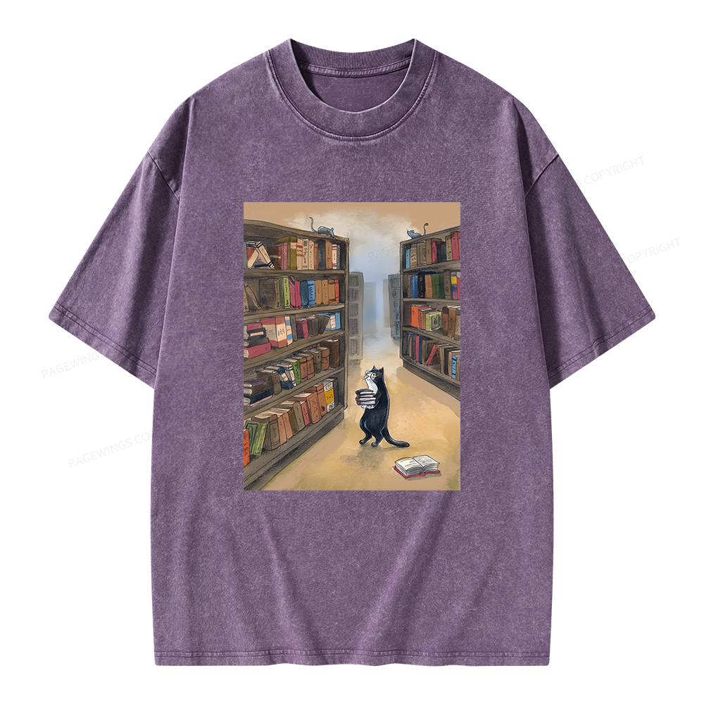 Pagewings Cat Lost In The Library Unisex Washed T-shirt