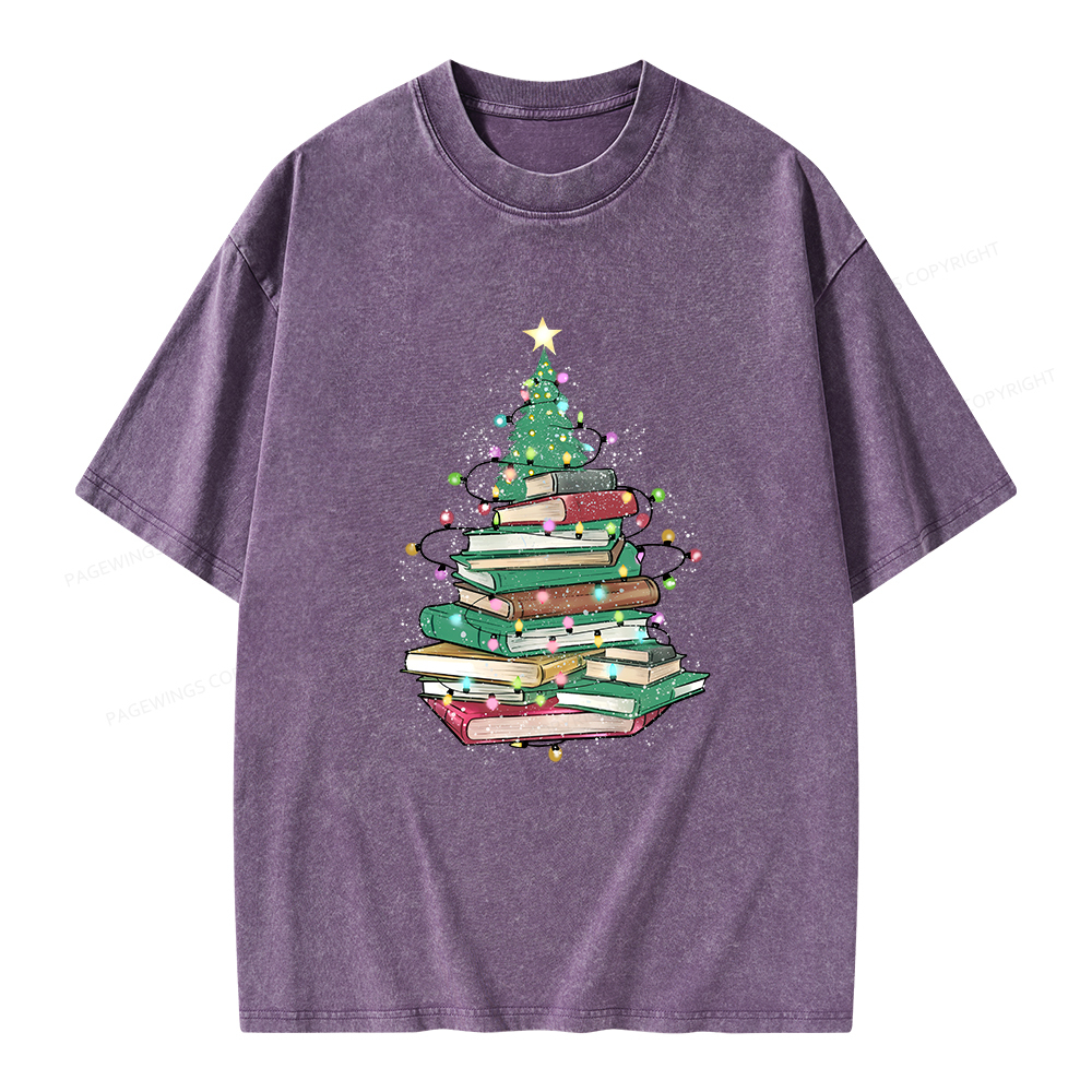 Pagewings Christmas Book Tree Unisex Washed T-shirt