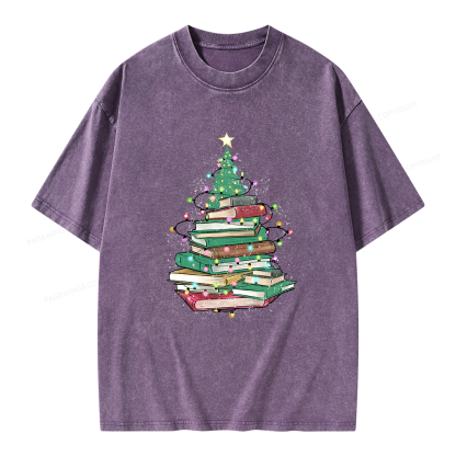 Pagewings Christmas Book Tree Unisex Washed T-shirt
