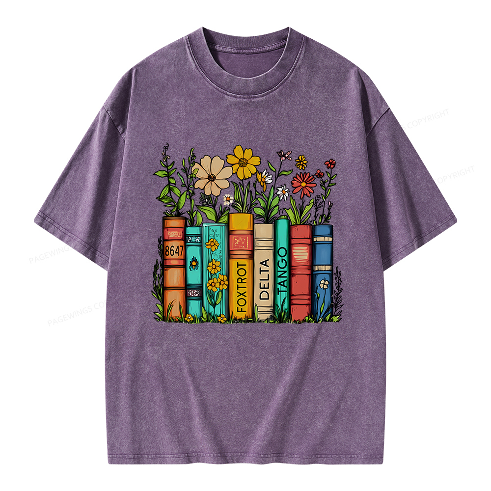 Pagewings Flowers and Books Unisex Washed T-shirt