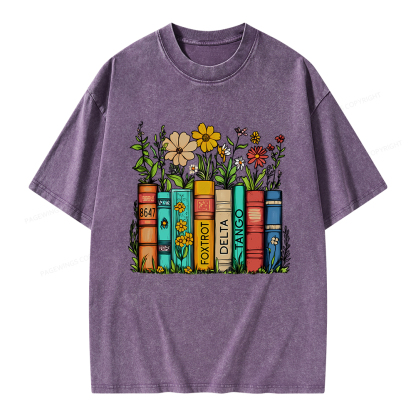 Pagewings Flowers and Books Unisex Washed T-shirt
