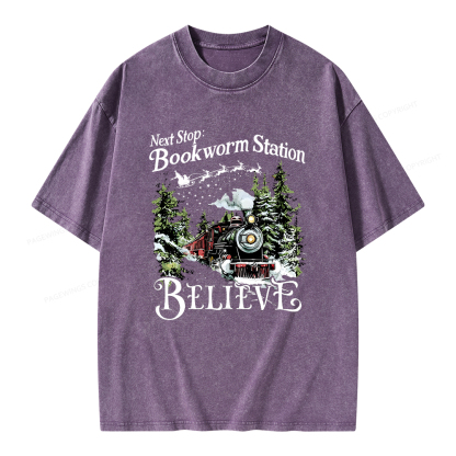 Pagewings Next Stop Bookworm Station Believe Unisex Washed T-shirt