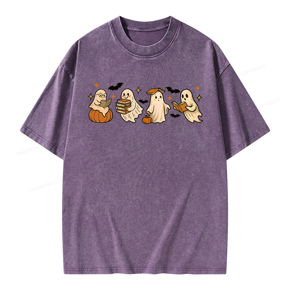 Pagewings Cute Ghost Reading Book Halloween Unisex Washed T-shirt