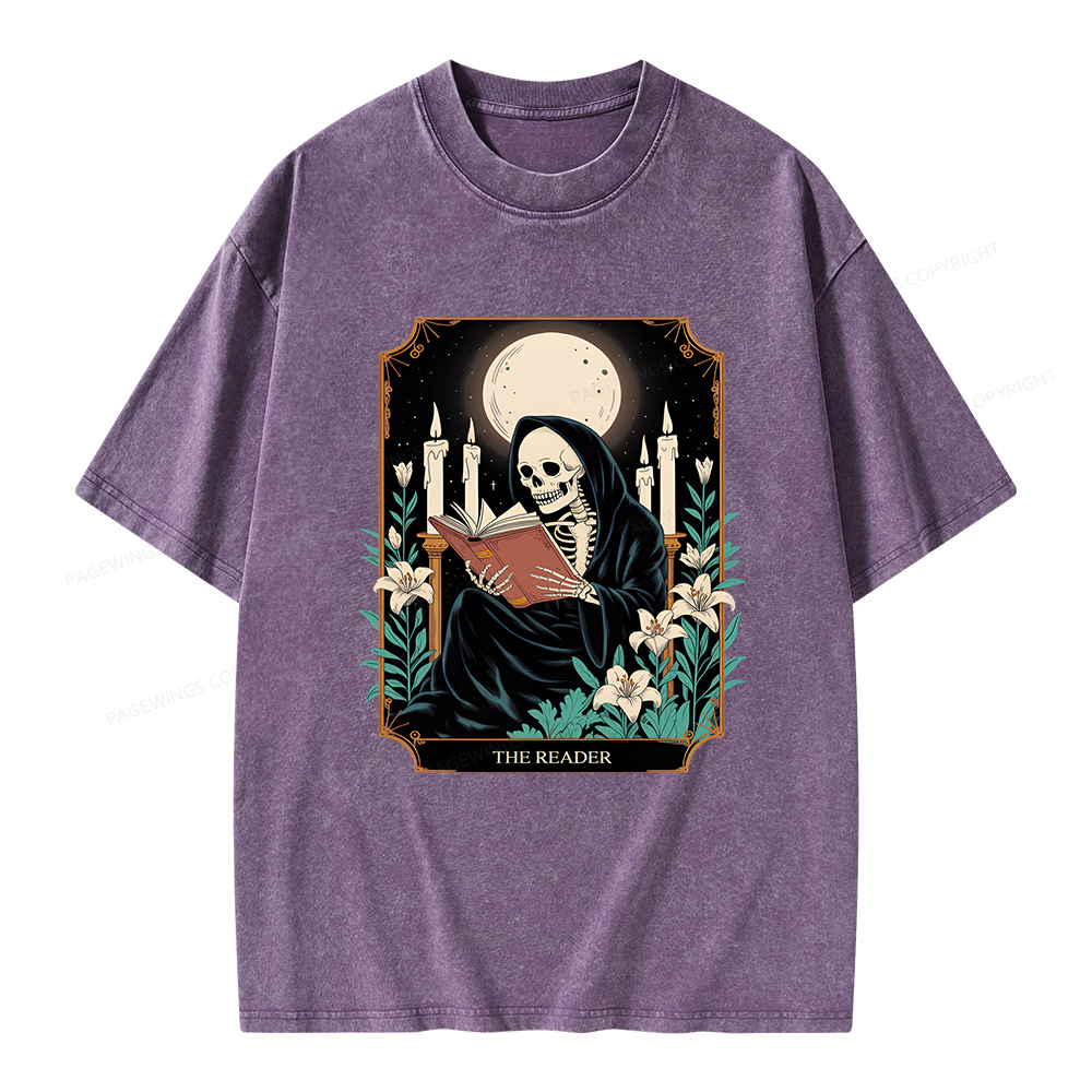Pagewings The Reader Skeleton Tarot Card Unisex Washed T-shirt