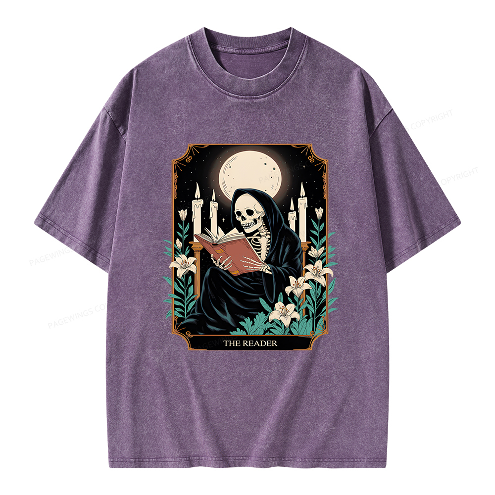 Pagewings The Reader Skeleton Tarot Card Unisex Washed T-shirt