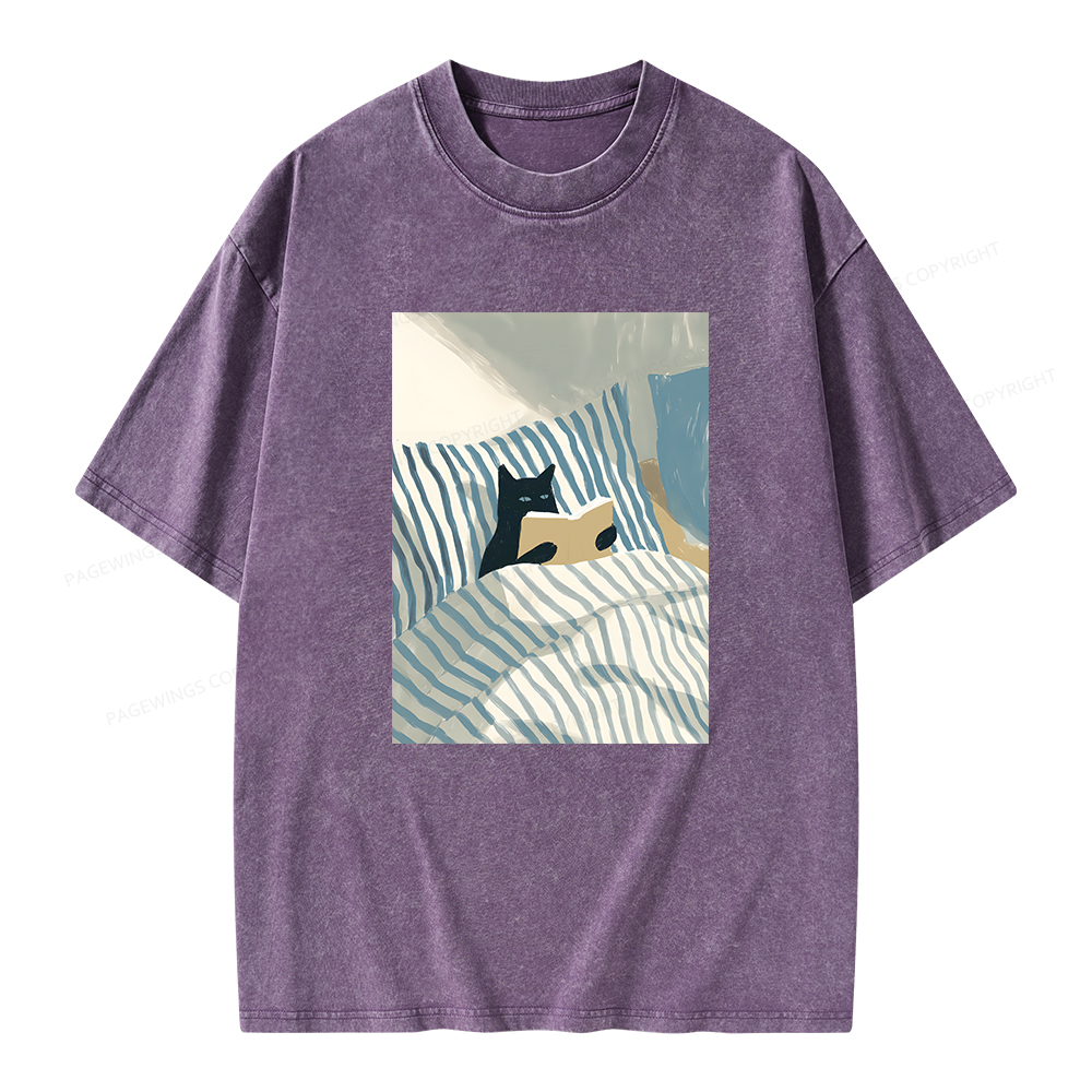Pagewings Cat Reading Unisex Washed T-shirt
