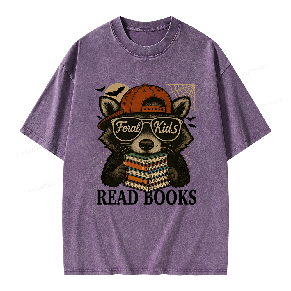 Pagewings Feral Kid Read Books Unisex Washed T-shirt