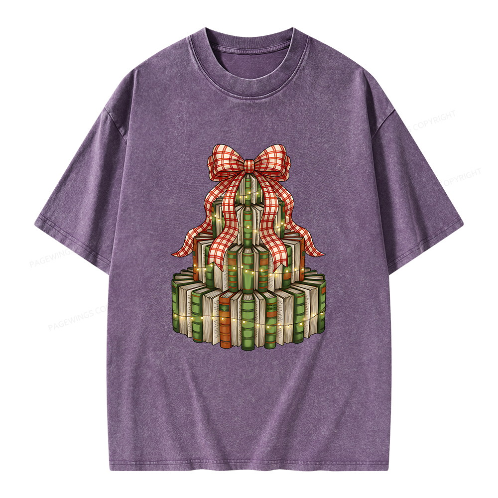 Pagewings Christmas Book Tree Unisex Washed T-shirt