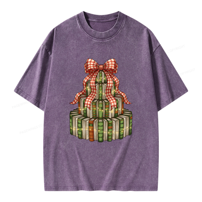 Pagewings Christmas Book Tree Unisex Washed T-shirt
