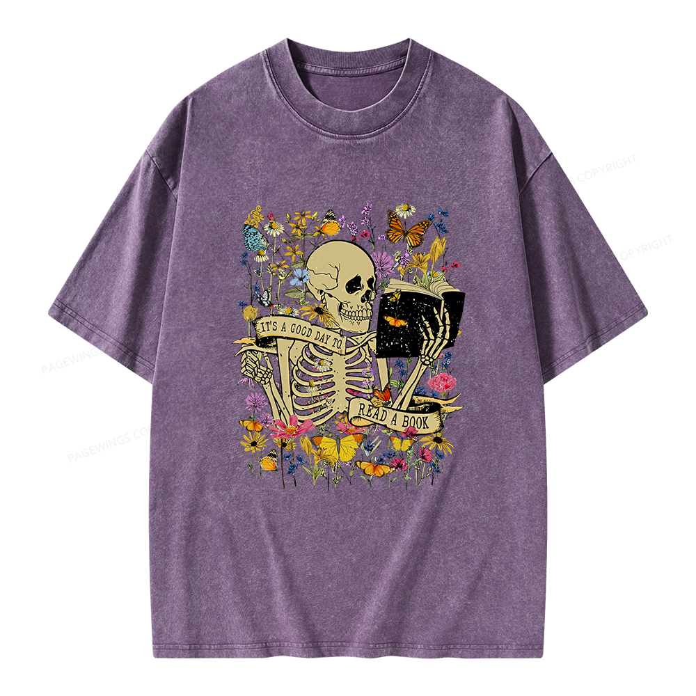 Pagewings Skull Skeleton Reading Book Unisex Washed T-shirt