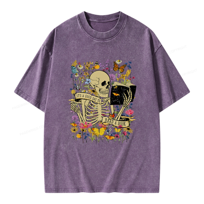 Pagewings Skull Skeleton Reading Book Unisex Washed T-shirt