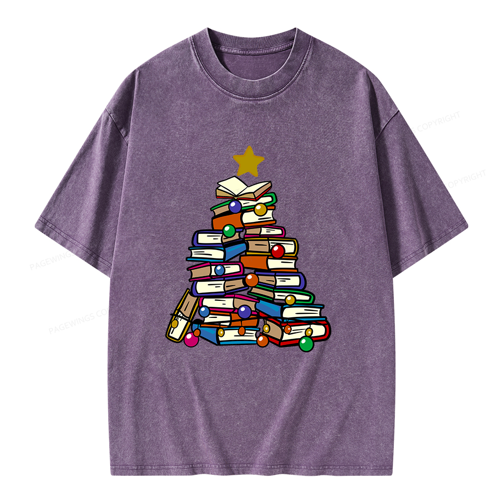 Pagewings Christmas Tree Bookworm Unisex Washed T-shirt