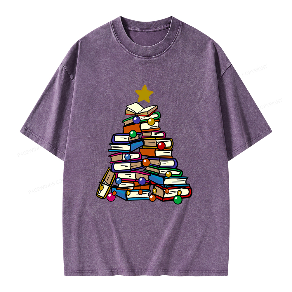 Pagewings Christmas Tree Bookworm Unisex Washed T-shirt