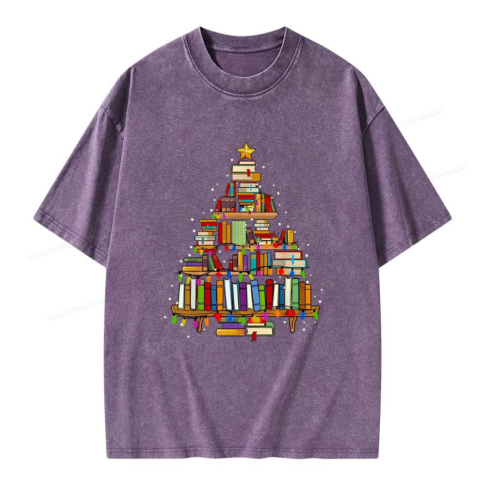 Pagewings Christmas Books Tree Unisex Washed T-shirt