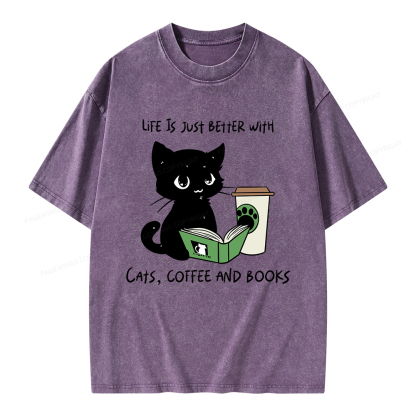 Pagewings Life Is Just Better With Cats Coffee And Books Unisex Washed T-shirt