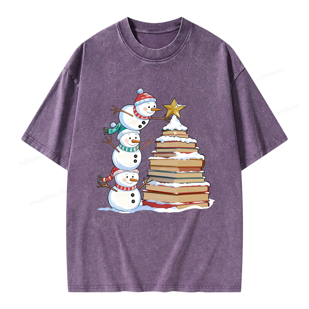 Pagewings Christmas Snowman Books Tree Unisex Washed T-shirt