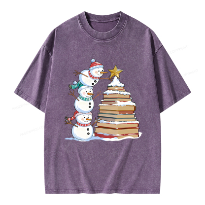 Pagewings Christmas Snowman Books Tree Unisex Washed T-shirt