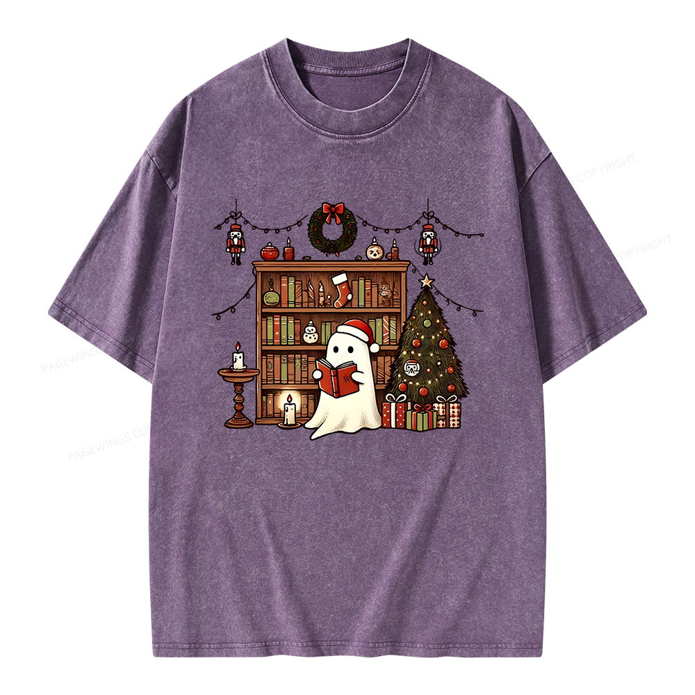 Pagewings Christmas Ghost Book Unisex Washed T-shirt