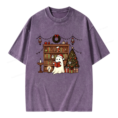 Pagewings Christmas Ghost Book Unisex Washed T-shirt