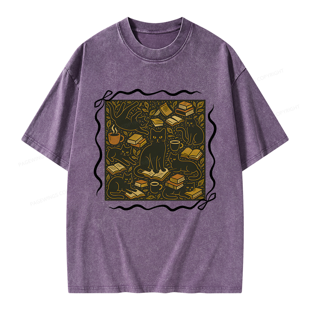 Pagewings Cats And Books Unisex Washed T-shirt