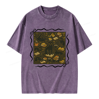 Pagewings Cats And Books Unisex Washed T-shirt