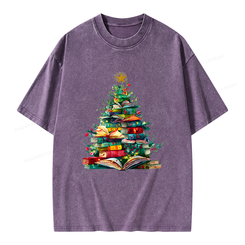 Pagewings Christmas Book Tree Unisex Washed T-shirt