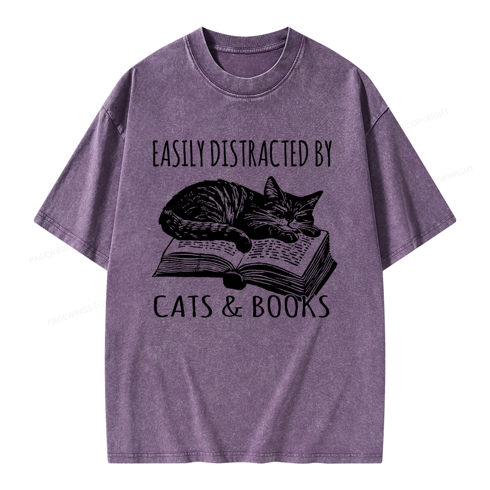 Pagewings Easily Distracted By Cats & Books Unisex Washed T-shirt