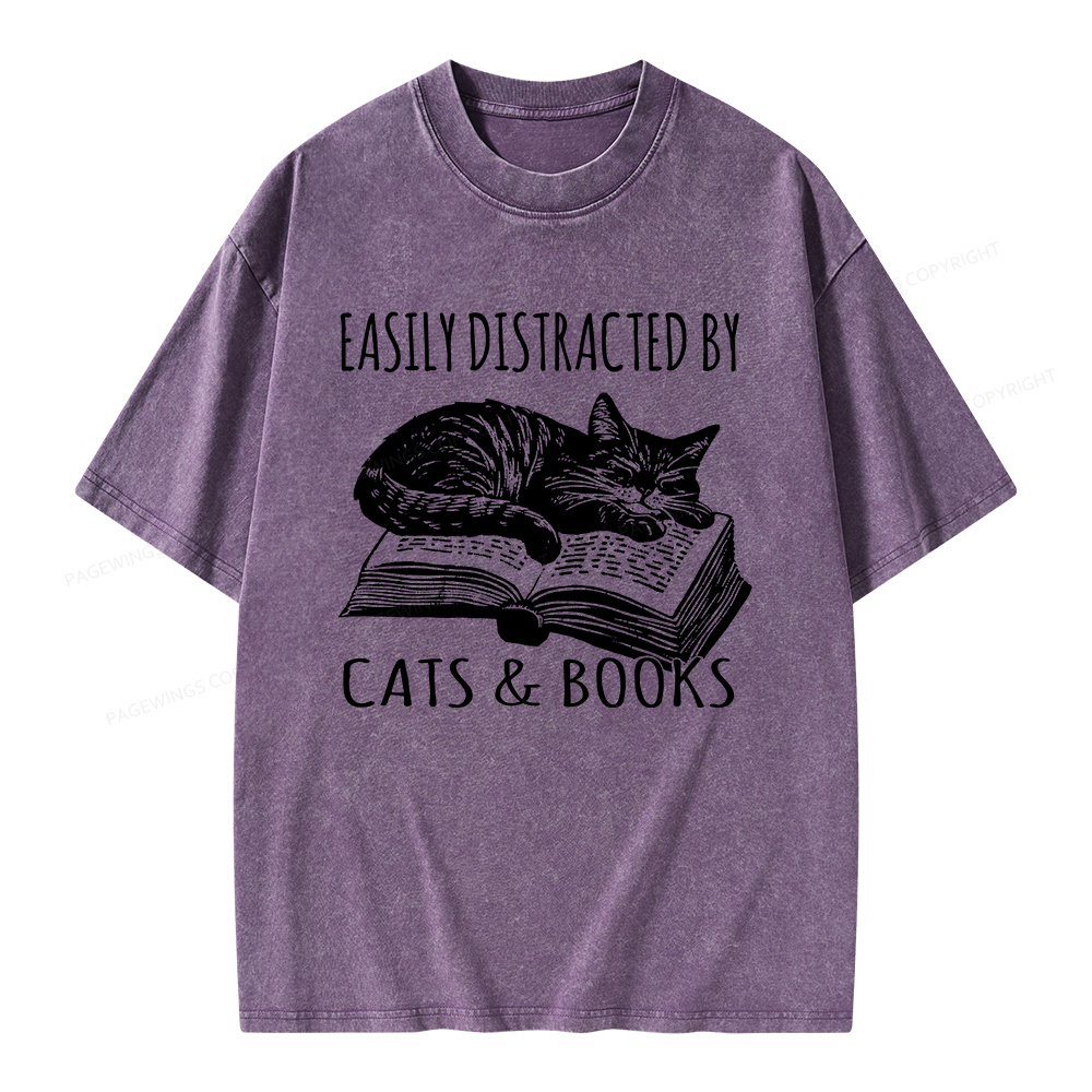 Pagewings Easily Distracted By Cats & Books Unisex Washed T-shirt