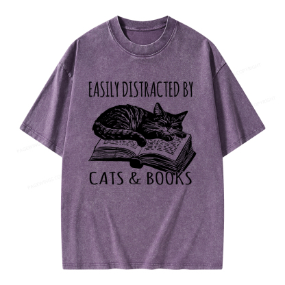 Pagewings Easily Distracted By Cats & Books Unisex Washed T-shirt