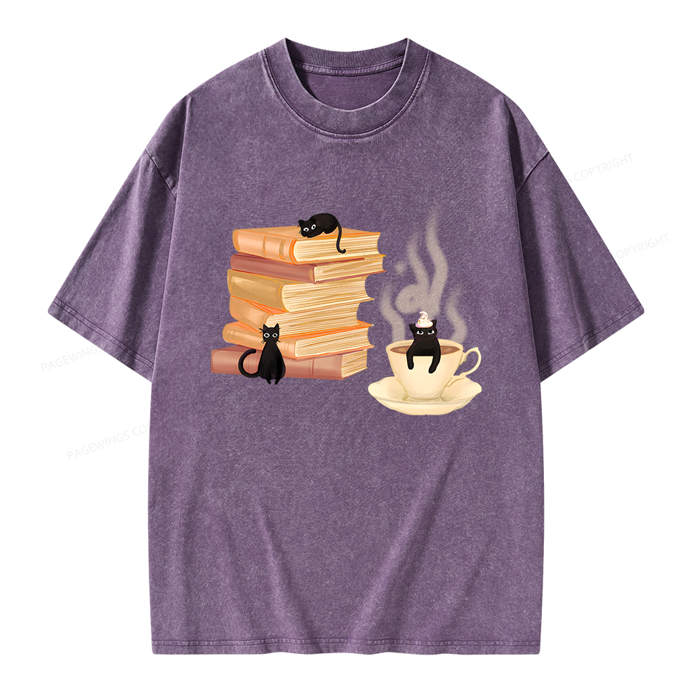 Pagewings Coffee Cats and Books Unisex Washed T-shirt
