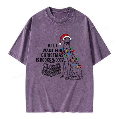 Pagewings All I Want For Christmas Is Books and Dogs Unisex Washed T-shirt