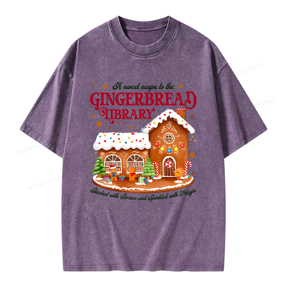 Pagewings Gingerbread Library Christmas Unisex Washed T-shirt