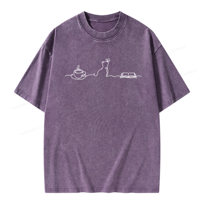 Pagewings Coffee Cats And Books Lover Unisex Washed T-shirt