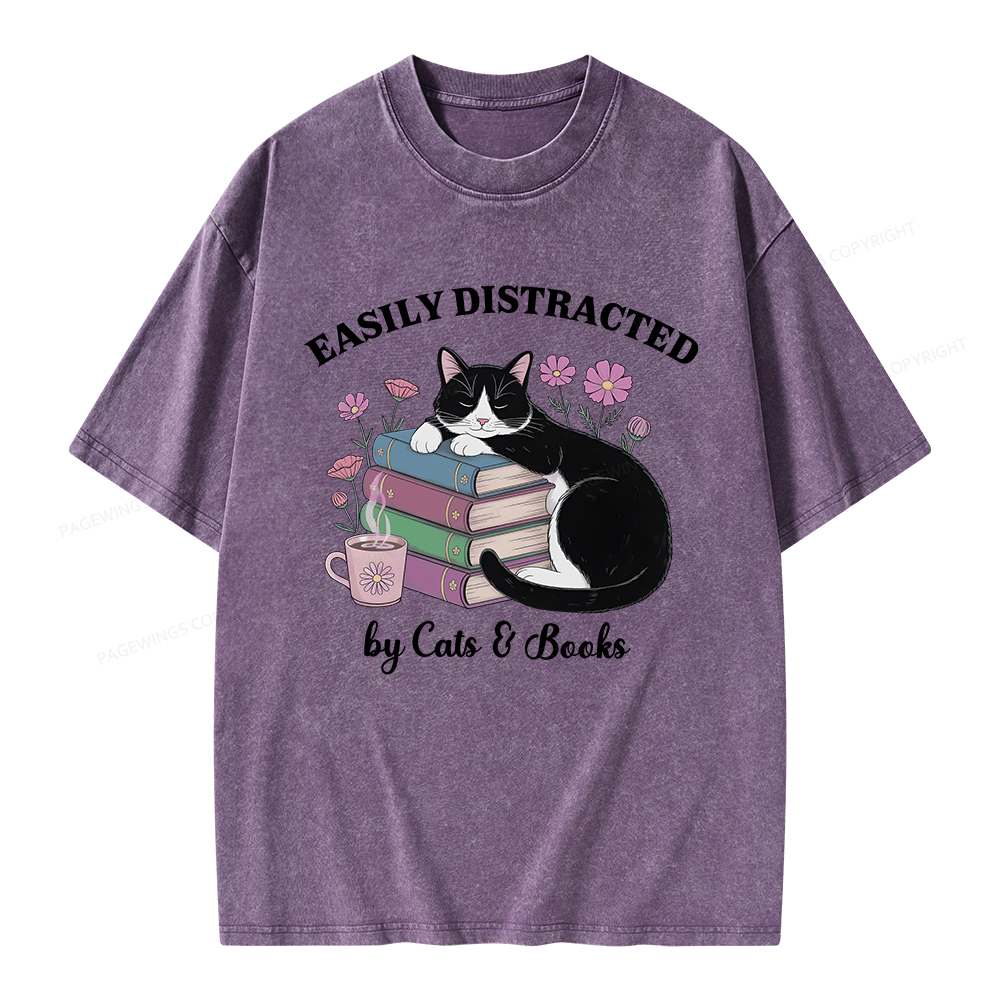 Pagewings Easily Distracted By Cats & Books Unisex Washed T-shirt